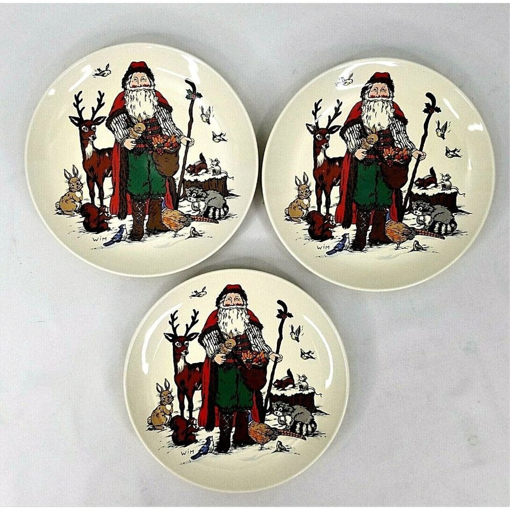3 Woodland Santa Claus Salad Dessert Plates Christmas Vintage Holiday Old World